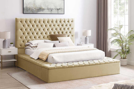 Cataline Dark Beige Contemporary Solid Wood Velvet Upholstered Tufted Storage Queen Bed - Ella Furniture
