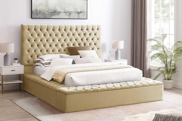Cataline Dark Beige Contemporary Solid Wood Velvet Upholstered Tufted Storage Queen Bed - Ella Furniture