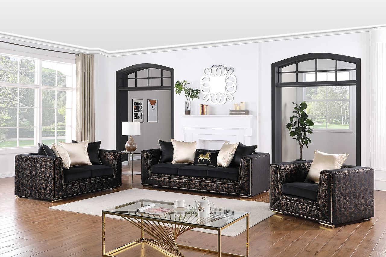 Konya Black Gold Velvet Living Room Set