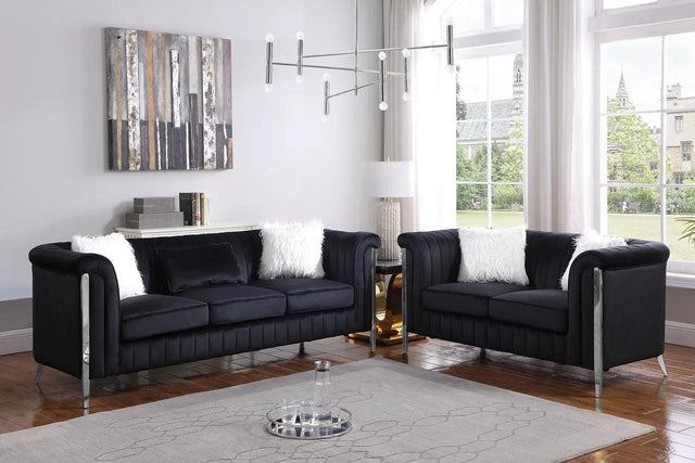 Fara Black With Silver Modern Contemporary Wood, Engineered Wood Velvet Sofa&Loveseat - Ella Furniture