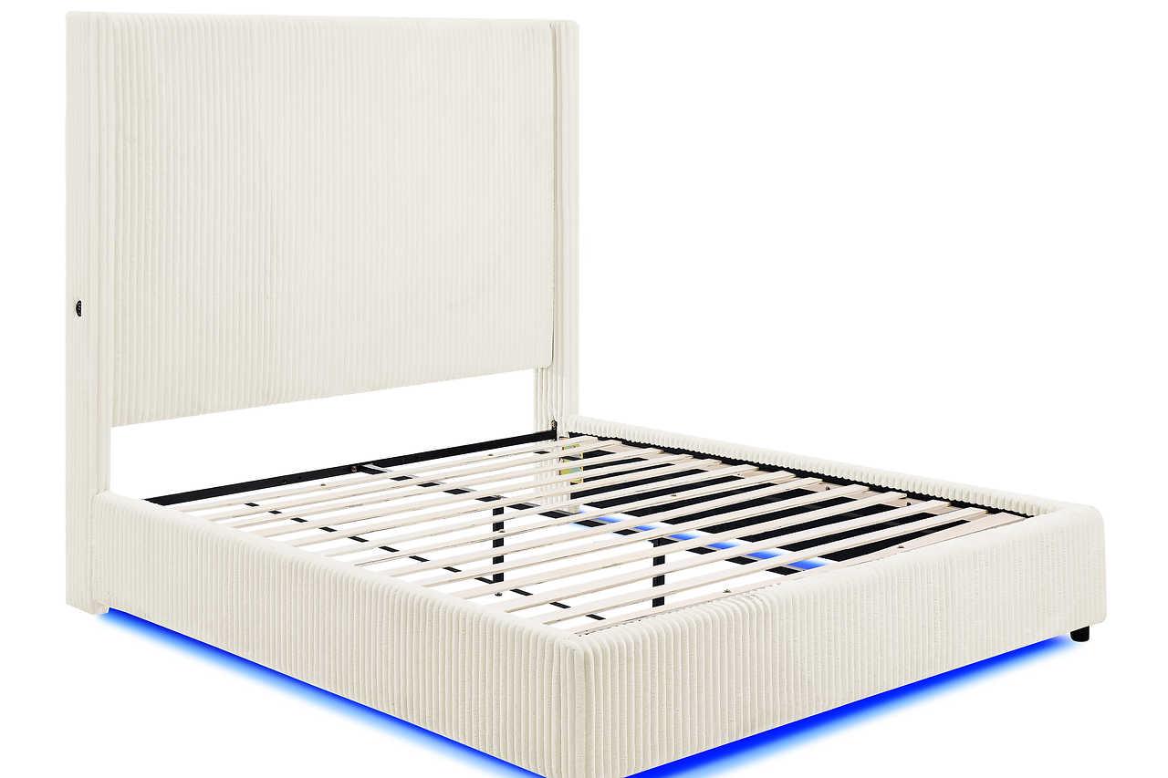 Belinda Beige LED Upholstered Platform Queen Bed