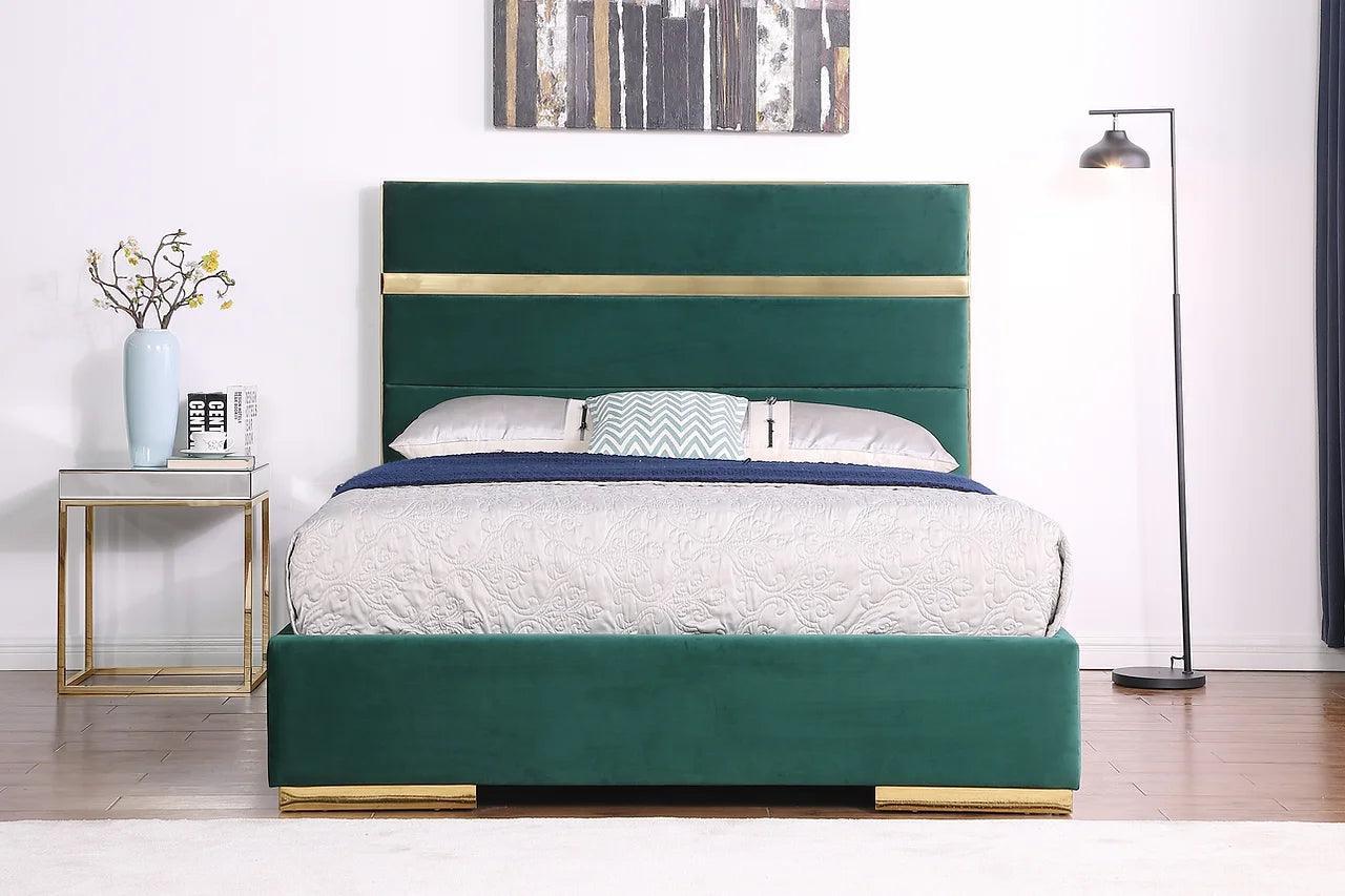 Cartier Green/Gold Modern Contemporary Solid Wood Velvet Upholstery Platform Queen Bed - Ella Furniture