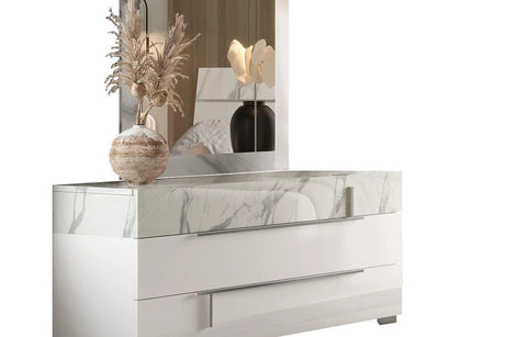 Sunset Ii White Modern Traditional Contemporary Marble Top Solid Wood 2-Drawers Nightstand - Ella Furniture
