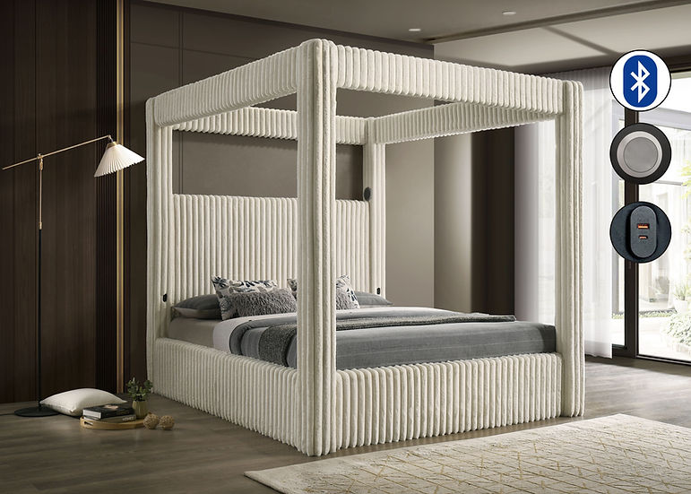 Atlam Cream Upholstered Canopy Platform King Bed