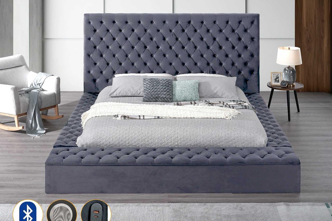 Catalina II Grey Upholstered Tufted USB Queen Bed