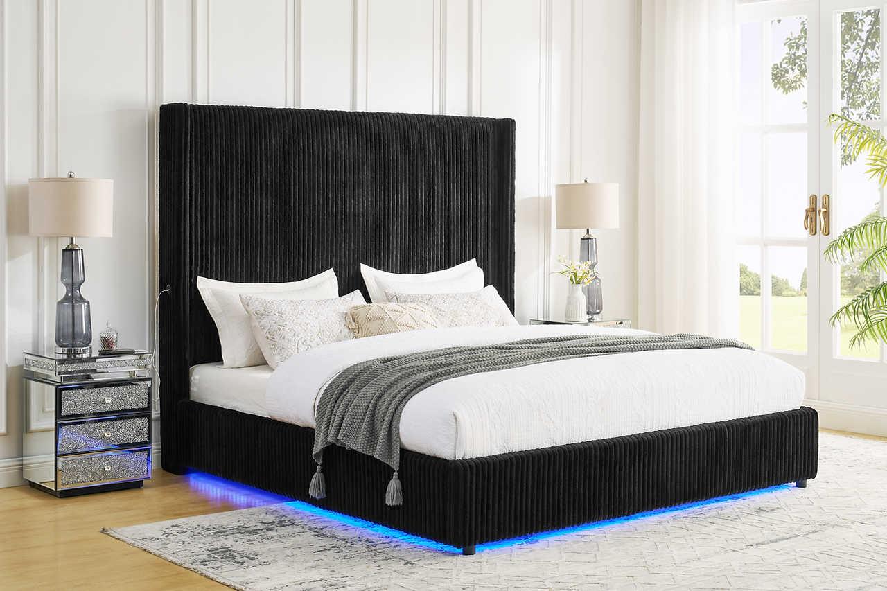 Belinda Black LED Upholstered Platform Queen Bed