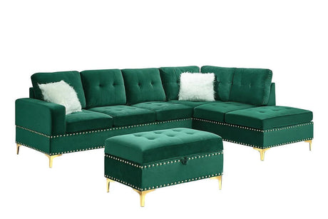 Joy Green Modern Velvet Upholstered Tufted Drop-down Storage Sectional with Ottoman - Ella Furniture