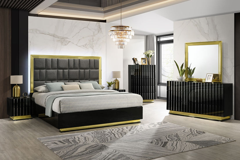 Lila Black Gold Upholstered Platform Bedroom Set