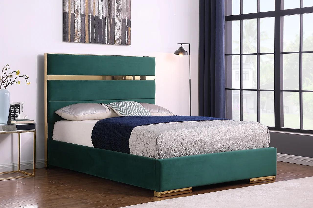 Cartier Green/Gold Modern Contemporary Solid Wood Velvet Upholstery Platform Queen Bed - Ella Furniture