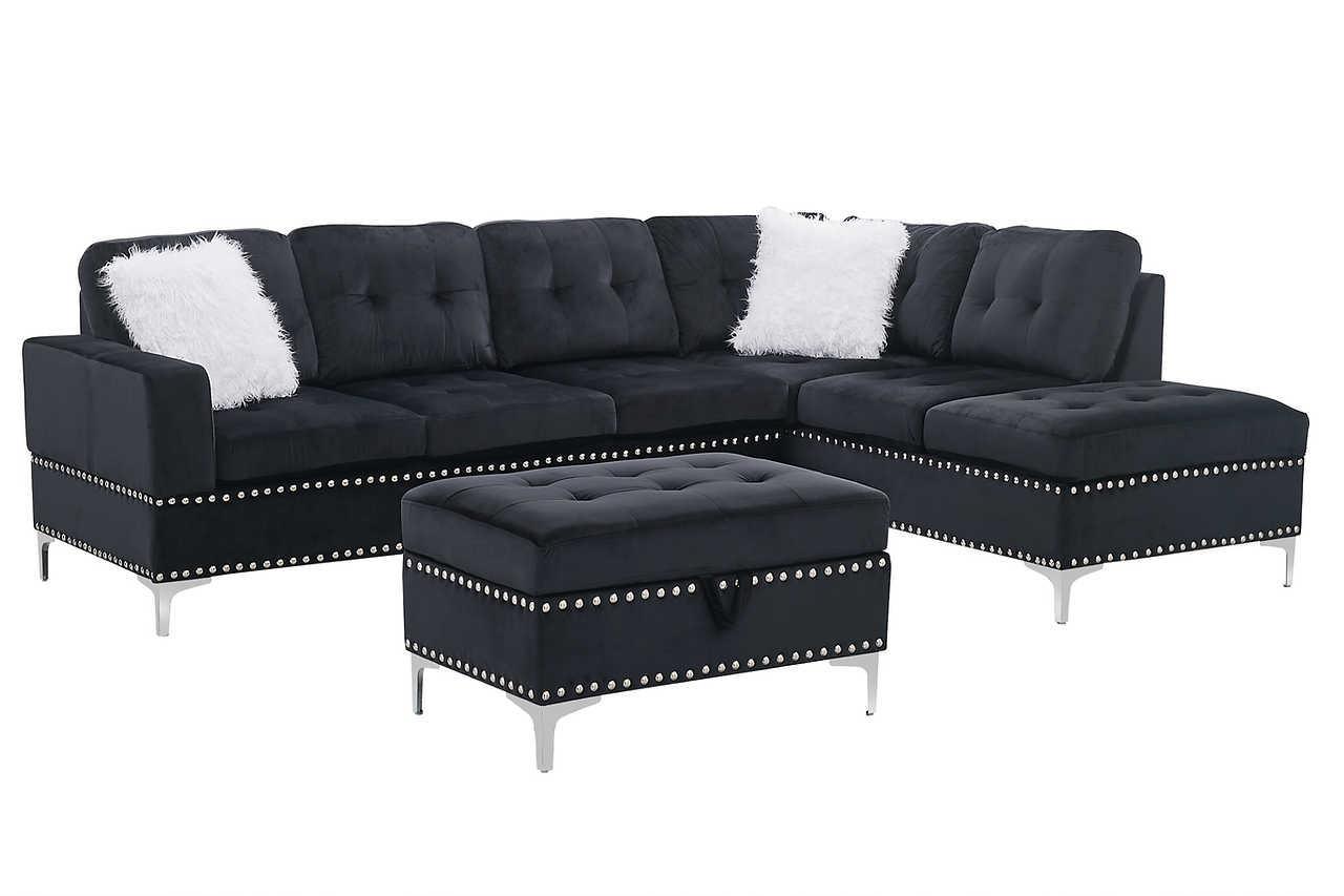 Joy Black Modern Velvet Upholstered Tufted Drop-down Storage Sectional with Ottoman - Ella Furniture