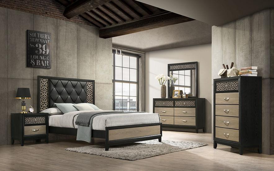 Paro Black Gray Faux Leather Tufted Panel Bedroom Set