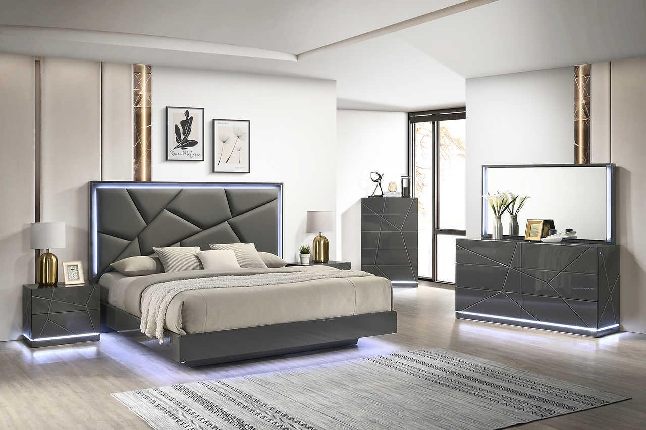 Lily Gray LED Upholstered Platform King Bed