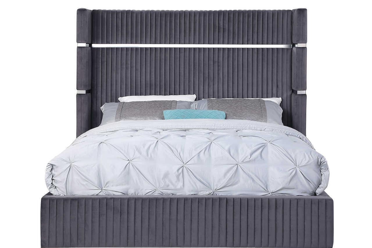 Aspen Gray Velvet Upholstered Platform Queen Bed