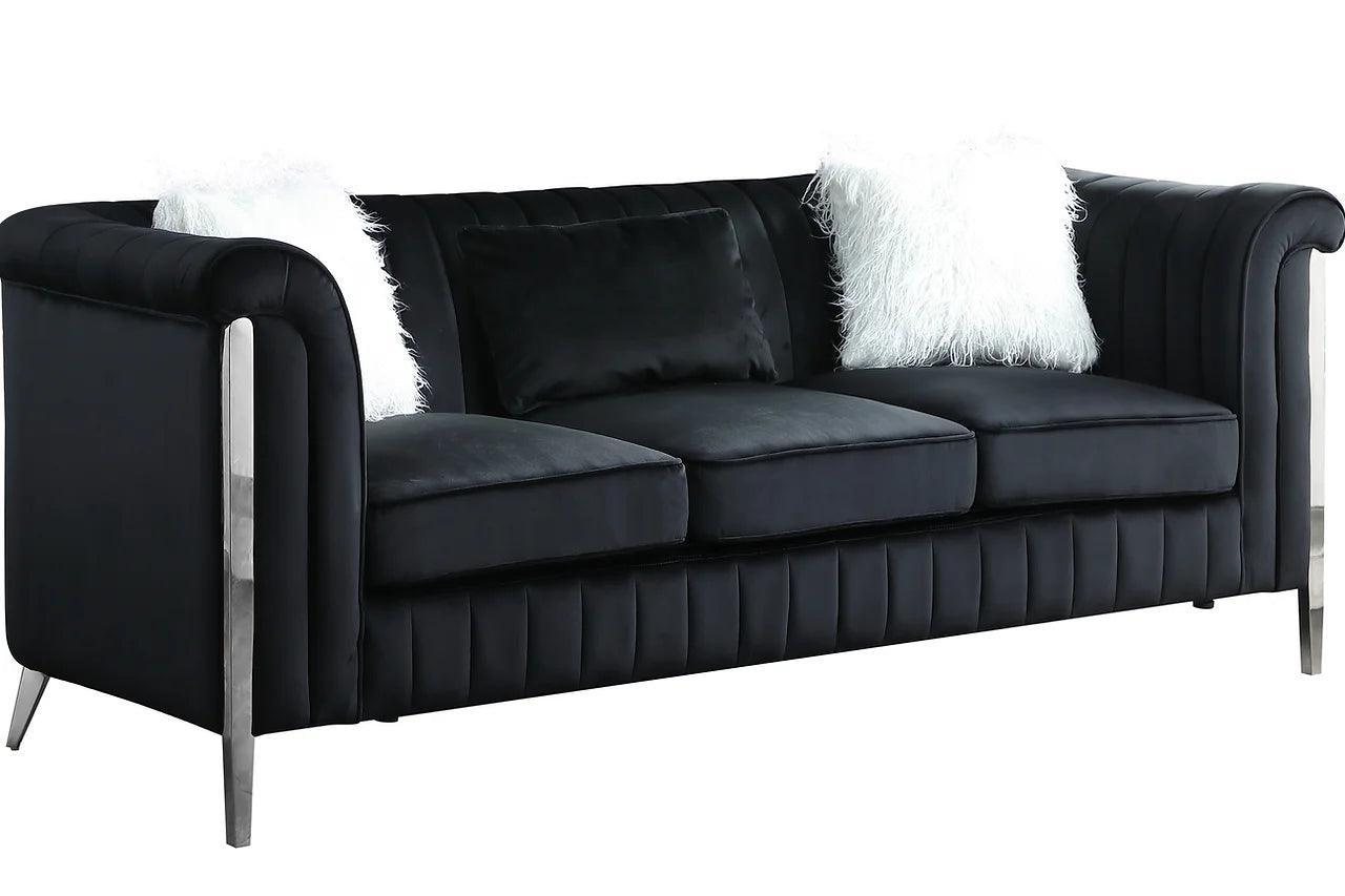 Fara Black With Silver Modern Contemporary Wood, Engineered Wood Velvet Sofa&Loveseat - Ella Furniture