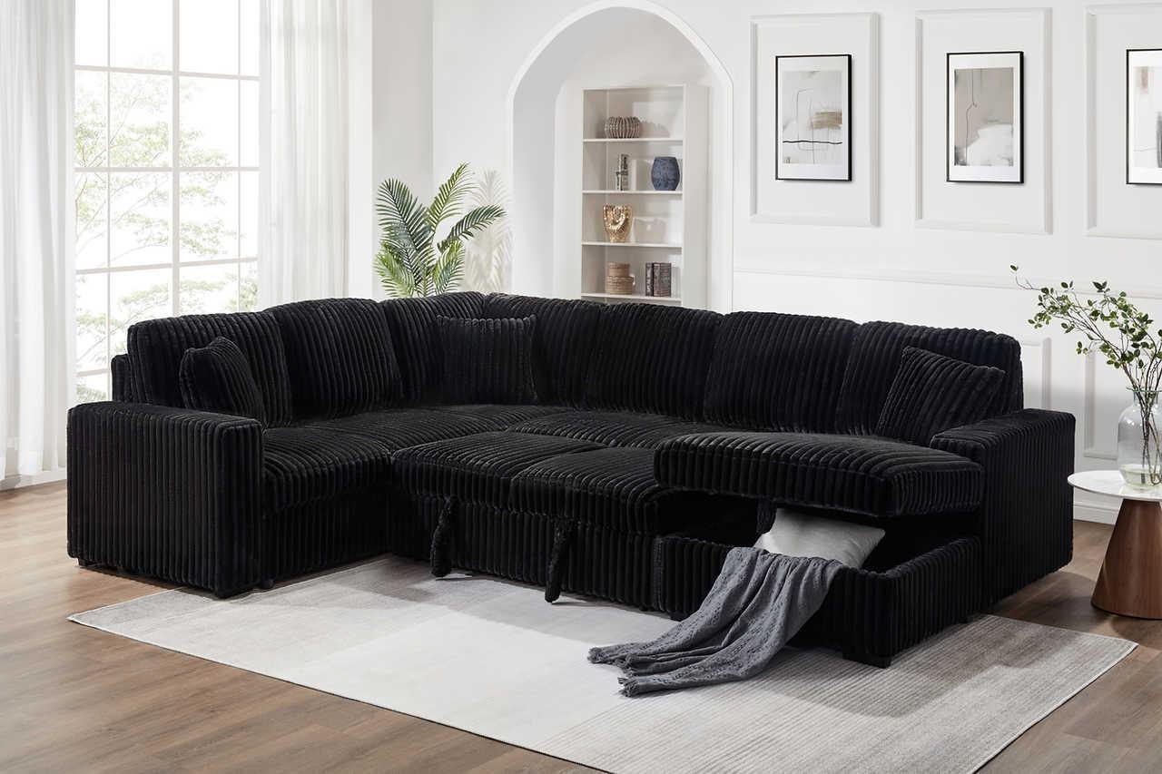 Raha Black Soft Fabric Storage Sectional with Pull Out Bed