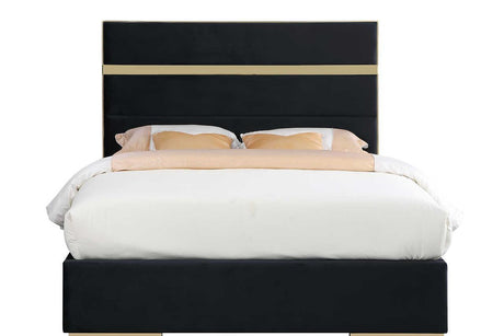 Cartier Black/Gold Modern Contemporary Solid Wood Velvet Upholstery Platform Queen Bed - Ella Furniture