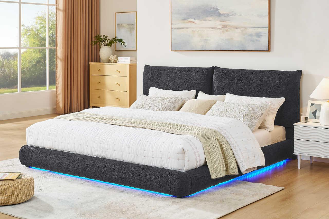 Zima Grey LED Upholstered Platform King Bed