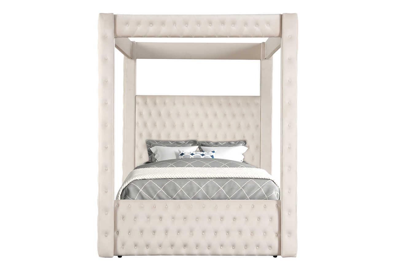 Mansion Beige Upholstered Tufted Canopy Platform King Bed