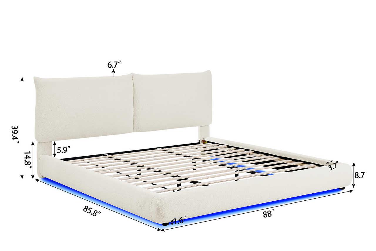 Zima White LED Upholstered Platform Queen Bed