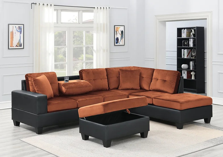 Grand Parkway Light Brown Velvet/Faux Leather Tufted 3Pcs Sectional With Storage Ottoman - Ella Furniture