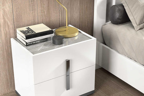 Mara White Modern Traditional Contemporary High Gloss Marble Top Wood Extra Nightstand - Ella Furniture