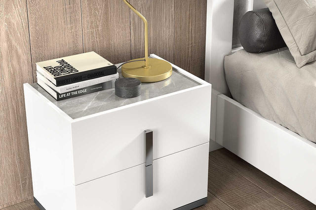 Mara White Modern Traditional Contemporary High Gloss Marble Top Wood Extra Nightstand - Ella Furniture