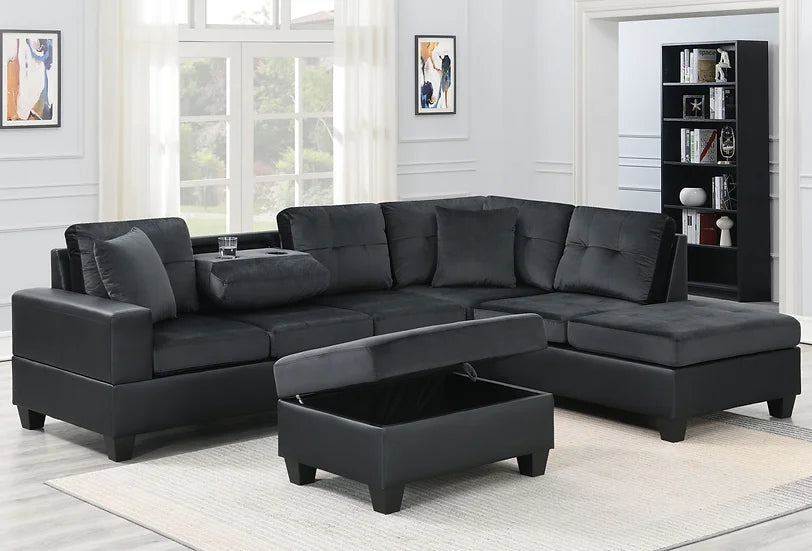 Grand Parkway Black Velvet/Faux Leather Tufted 3Pcs Sectional With Storage Ottoman - Ella Furniture