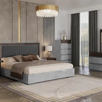 Cindy Italian Grey High Gloss and Dark Eucalyptol Bedroom Set with PU Headboard and LED Lighting view 4