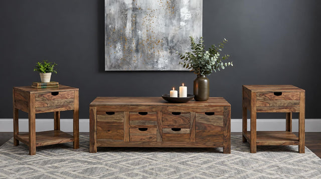 Esther 3-Piece Solid Sheesham Coffee and End Table Set Natural — product view