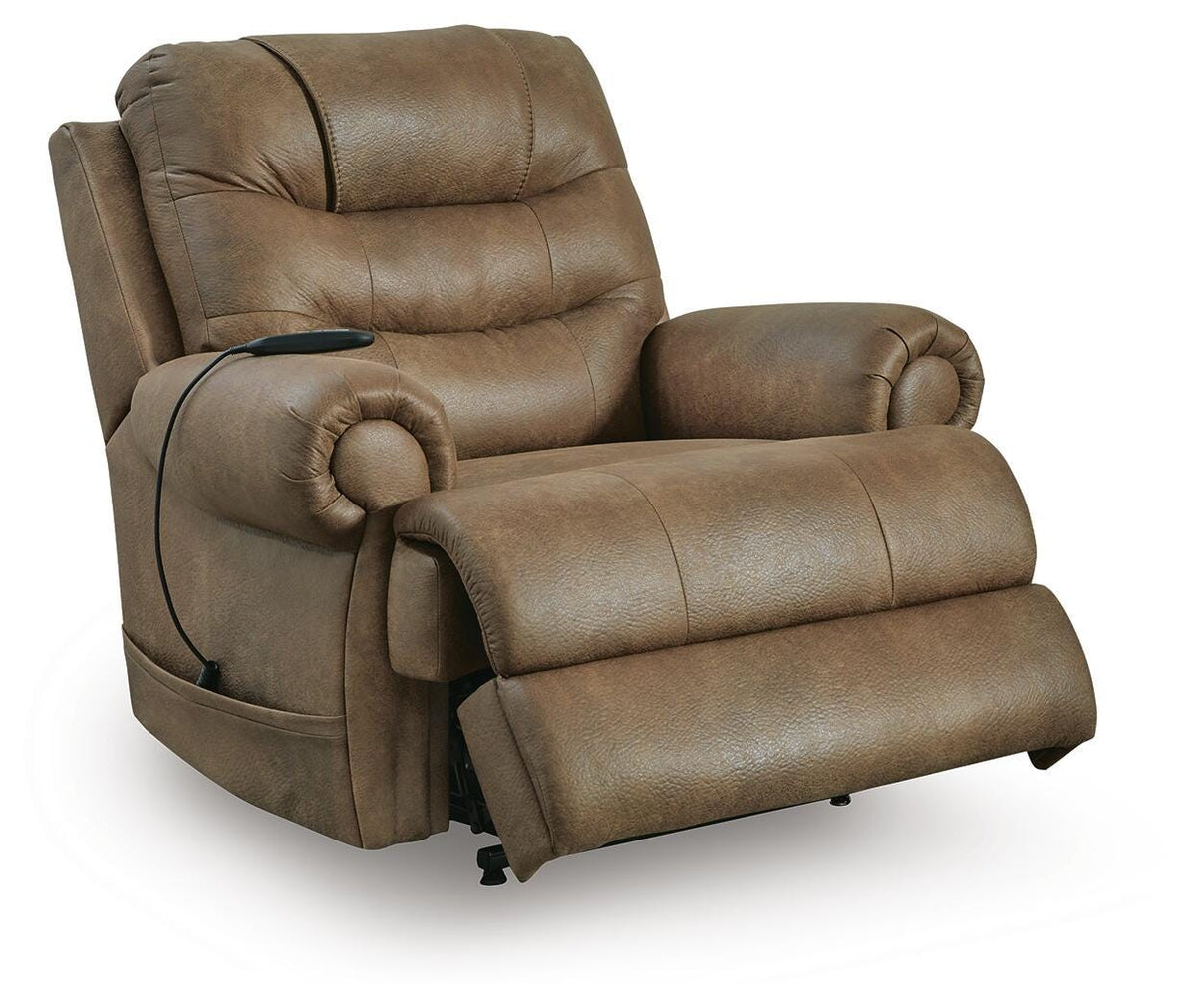 Revived and Restored Earth Faux Leather Power Lift Recliner — angled view