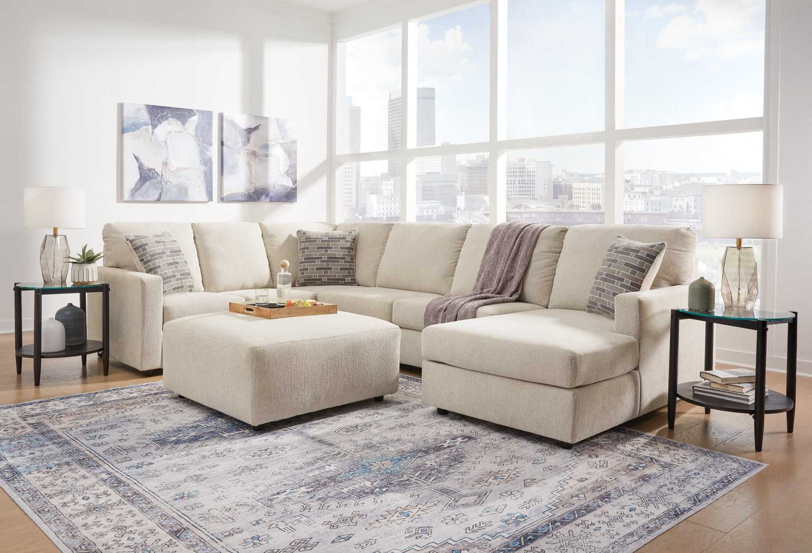 Edenfield Linen 3-Piece Sectional With Ottoman - Ella Furniture