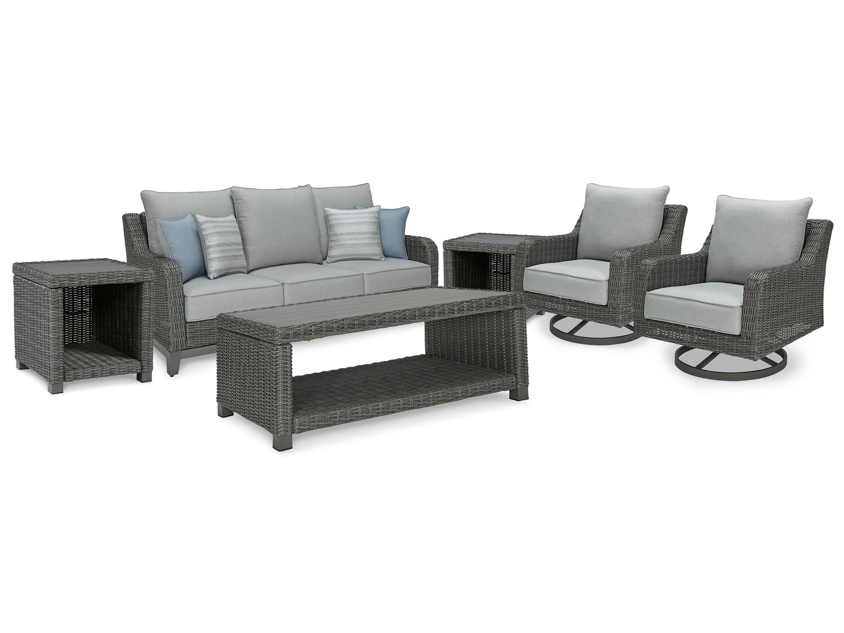 Elite Gray Park Outdoor Sofa And 2 Lounge Chairs With Coffee Table And 2 End Tables - Ella Furniture