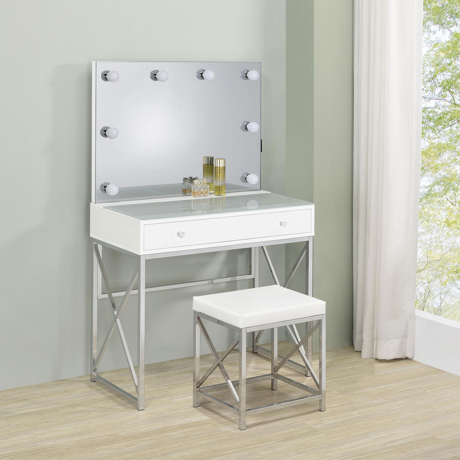 Eliza 2-Piece Vanity Set With Hollywood Lighting White And Chrome 936164 - Ella Furniture
