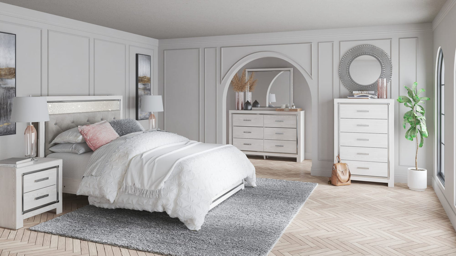 Altyra White Panel Bedroom Set King 3: Bed, Dresser, Mirror from Ella Furniture
