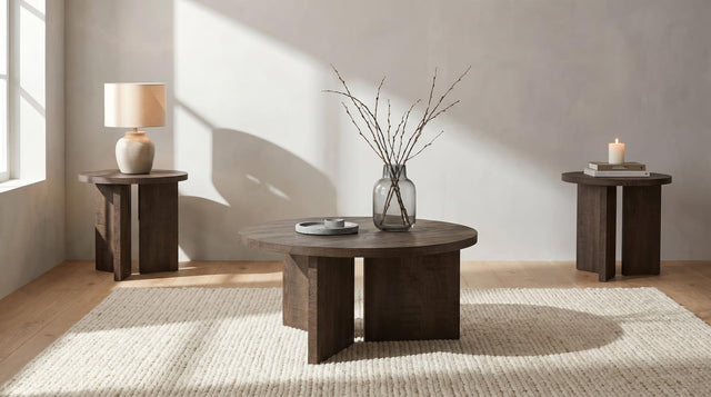 Aragon 3-Piece Round Coffee and End Table Set Dark Rustic Mango from Ella Furniture