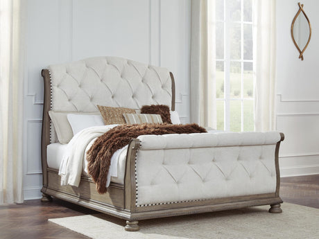 Ardenfield Light Brown Upholstered Sleigh Bedroom Set Queen 3: Bed, Dresser, Mirror from Ella Furniture