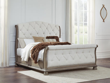 Ardenfield Light Brown Upholstered Sleigh Bedroom Set King 3: Bed, Dresser, Mirror from Ella Furniture