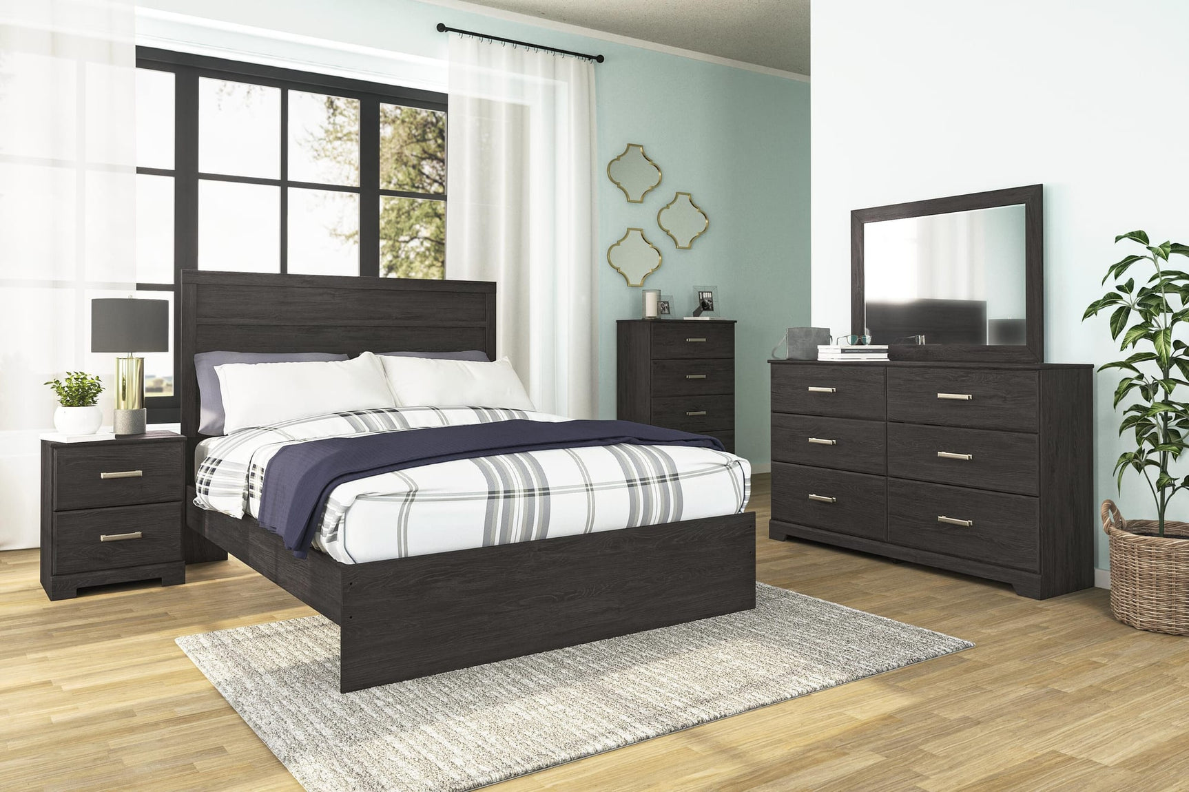 Belachime Charcoal Panel Bedroom Set Queen 4: Bed, Dresser, Mirror, Chest from Ella Furniture