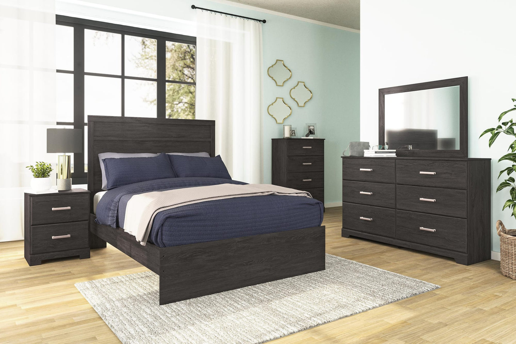 Belachime Charcoal Panel Bedroom Set Full 4: Bed, Dresser, Mirror, Chest from Ella Furniture