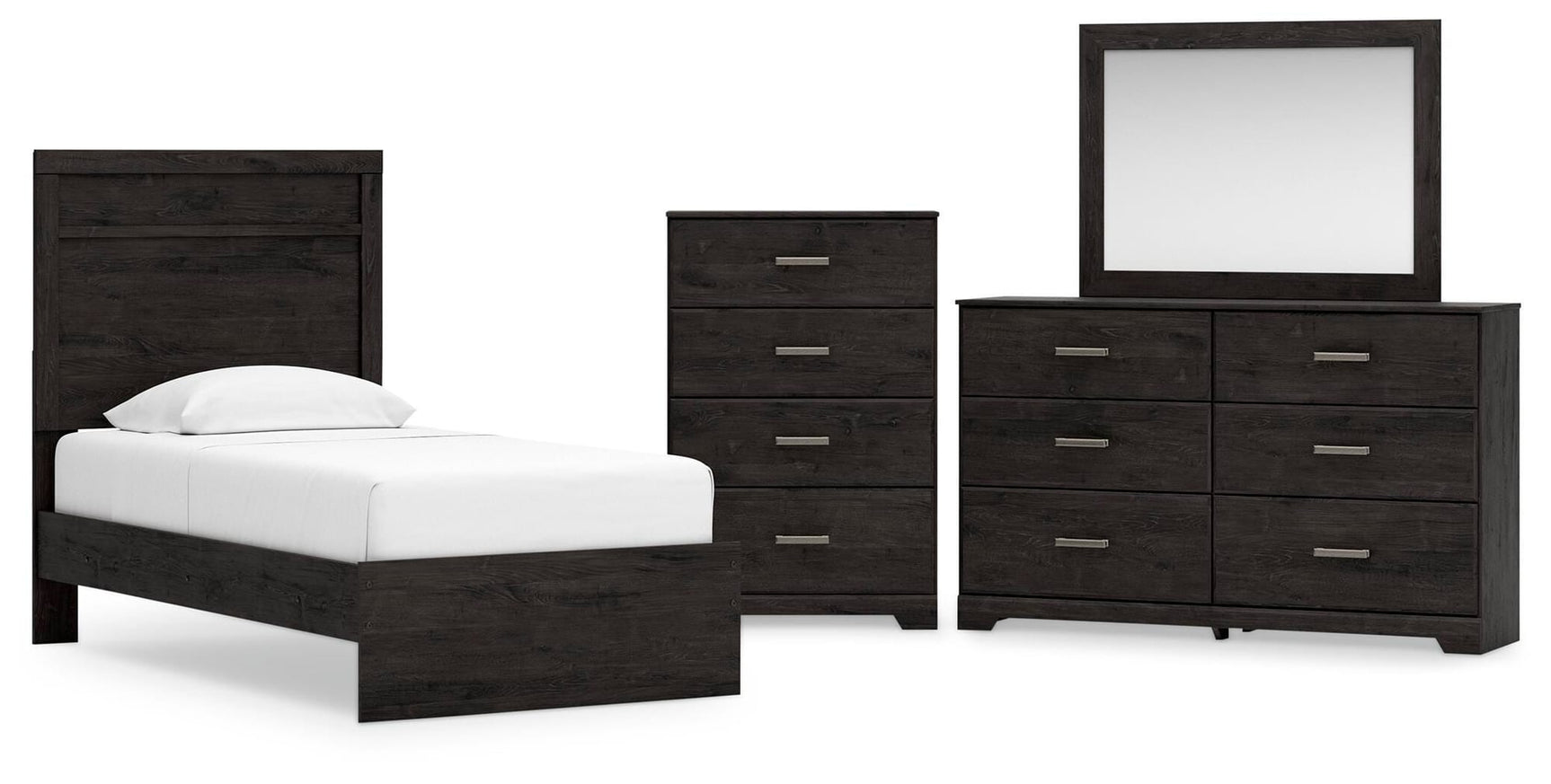 Belachime Charcoal Panel Bedroom Set Twin 4: Bed, Dresser, Mirror, Chest from Ella Furniture