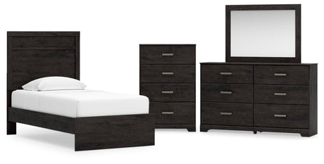 Belachime Charcoal Panel Bedroom Set Twin 4: Bed, Dresser, Mirror, Chest from Ella Furniture