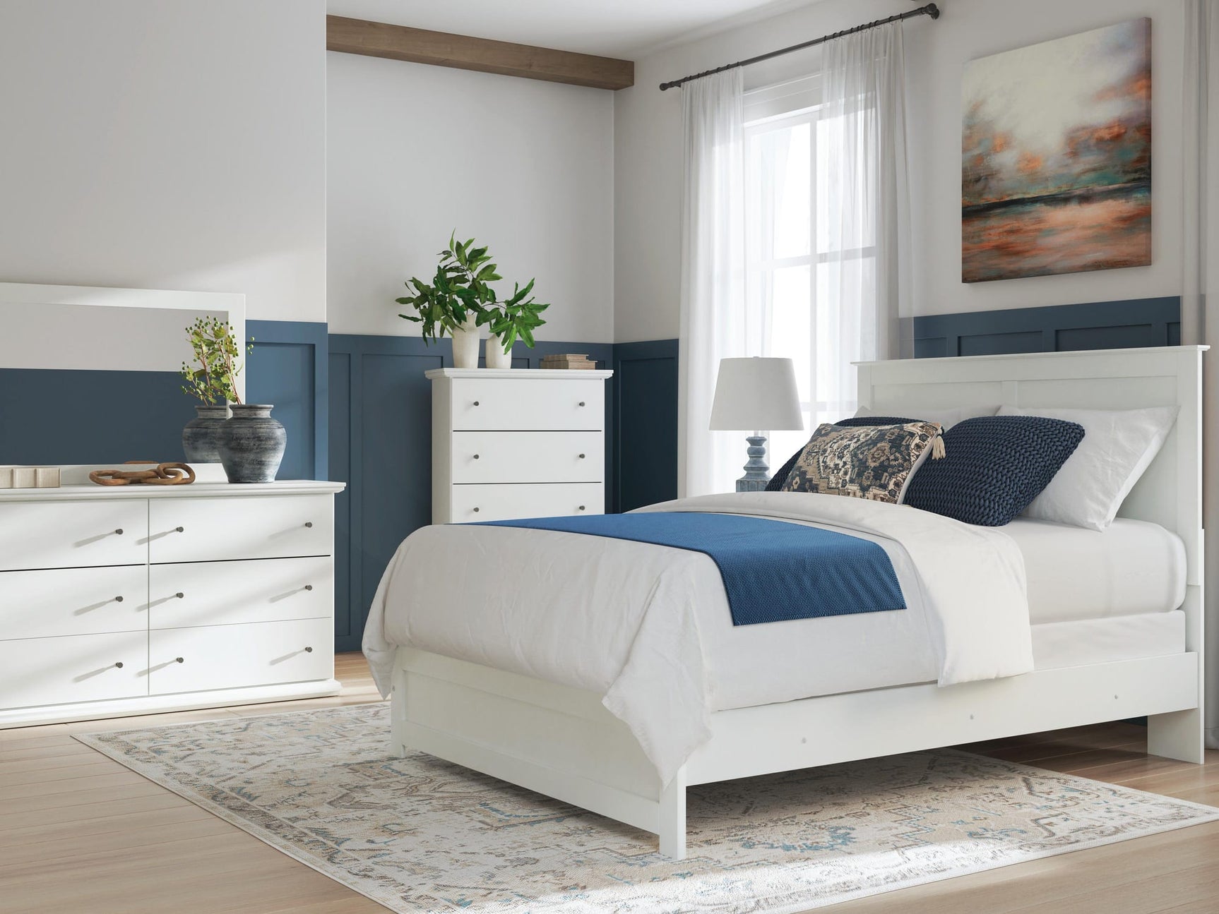 Bostwick White Shoals Panel Bedroom Set Queen 4: Bed, Dresser, Mirror, Chest from Ella Furniture