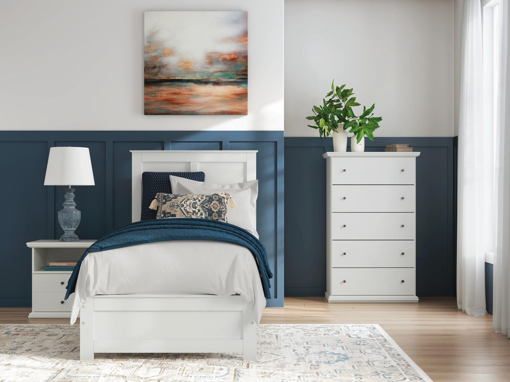 Bostwick White Shoals Panel Bedroom Set Full 5: Bed, Dresser, Mirror, Chest, NightStand from Ella Furniture