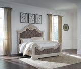 Bruchandi Antique White Upholstered Panel Bedroom Set King 3: Bed, Dresser, Mirror from Ella Furniture