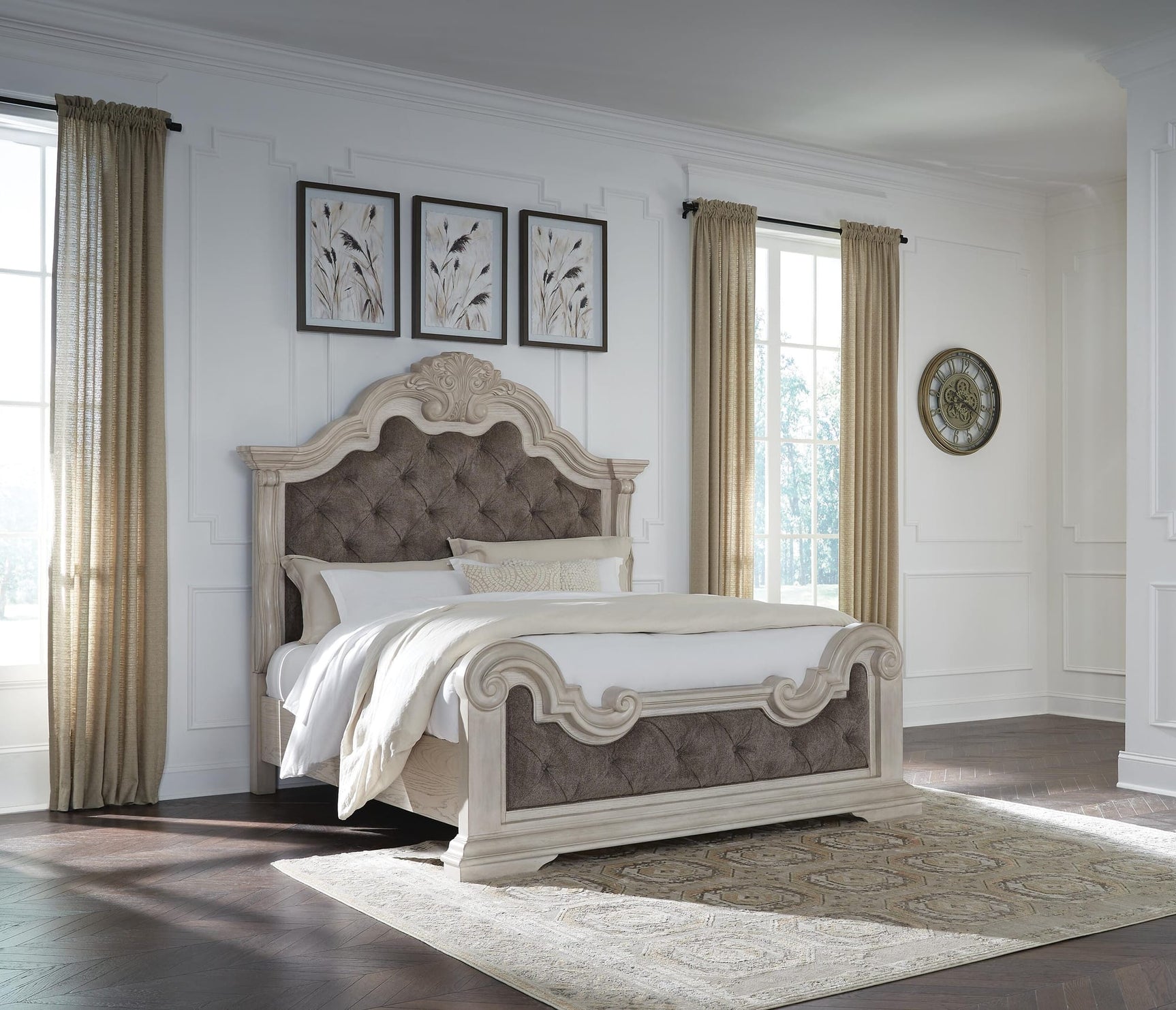 Bruchandi Antique White Upholstered Panel Bedroom Set King 3: Bed, Dresser, Mirror from Ella Furniture