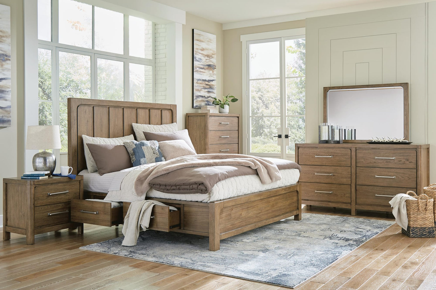 Cabalynn Light Brown Panel Bedroom Set King 5: Bed, Dresser, Mirror, Chest, NightStand from Ella Furniture