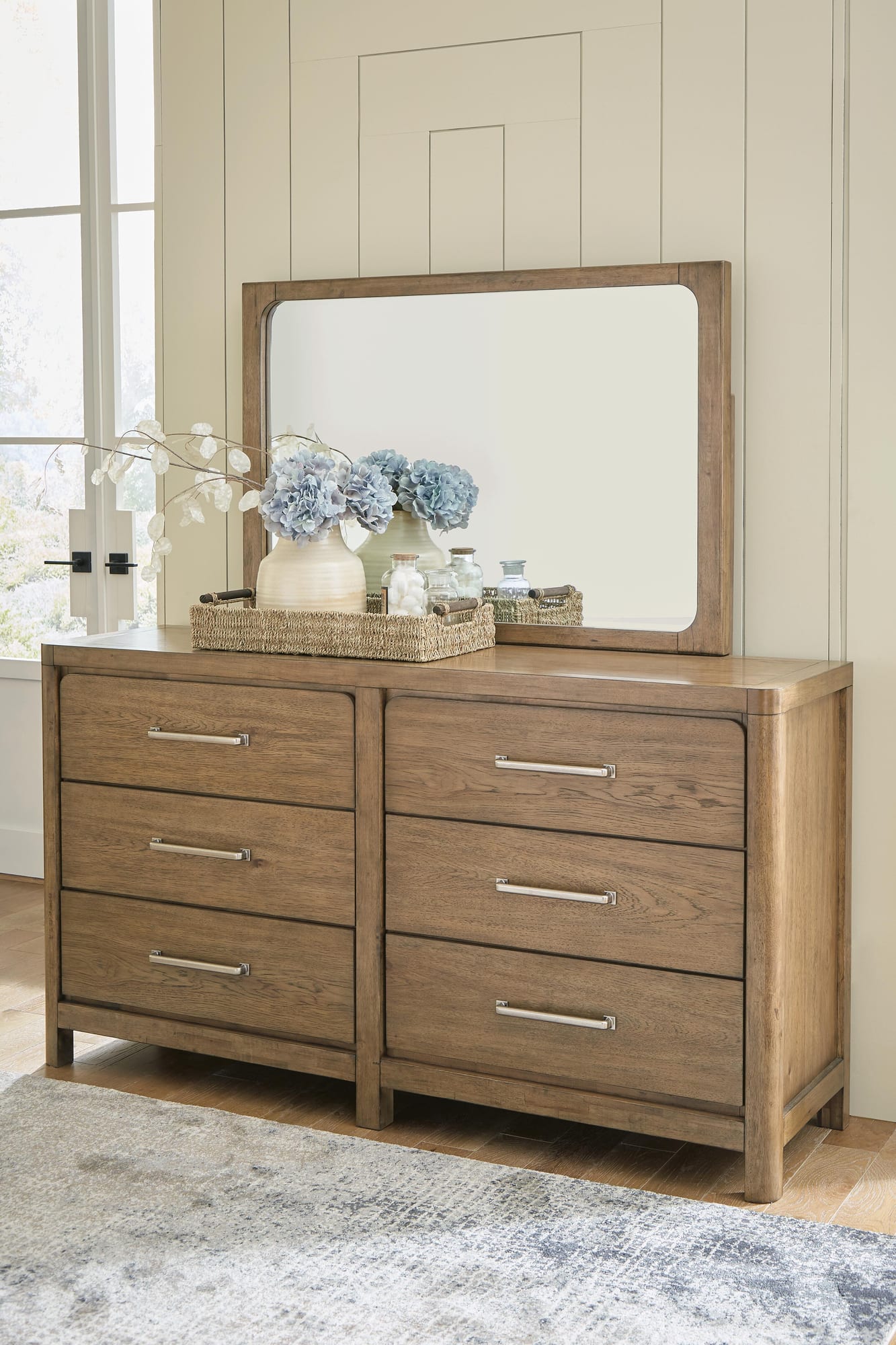 Cabalynn Light Brown Upholstered Bedroom Set Queen 3: Bed, Dresser, Mirror from Ella Furniture