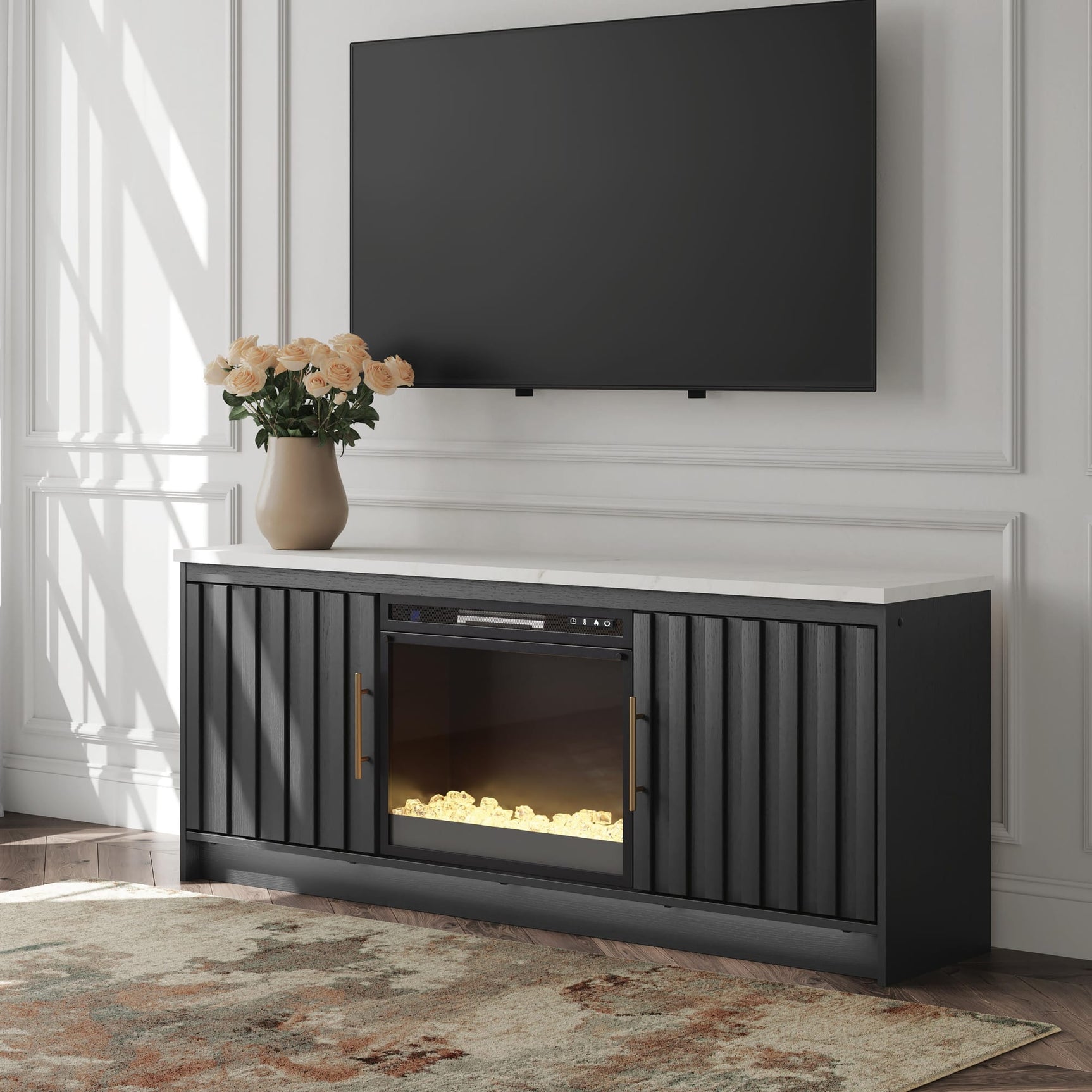 Cadmori Black/White 63" TV Stand with Electric Fireplace view 2