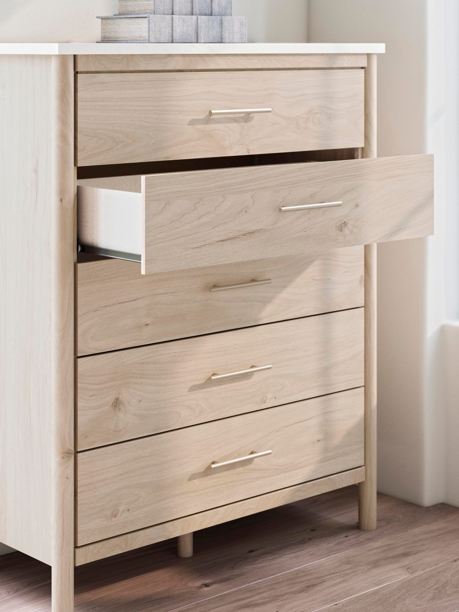 Cadmori Two-tone Upholstered Panel Bedroom Set Queen 5: Bed, Dresser, Mirror, Chest, NightStand from Ella Furniture