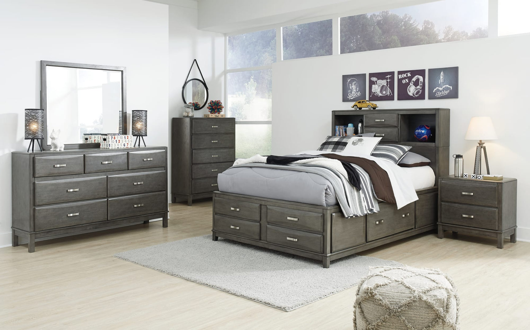 Caitbrook Gray 7 Storage Bedroom Set Queen 5: Bed, Dresser, Mirror, NightStand, Chest from Ella Furniture